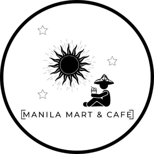 Manila Mart & Cafe logo with a sun, stars, and a person in a hat holding a drink.