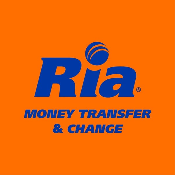 Ria Money Transfer & Change logo in blue text on a bright orange background.
