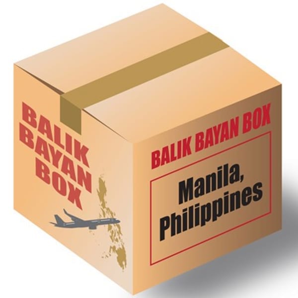 A Balikbayan box with "Manila, Philippines" and an airplane flying over the Philippine islands.